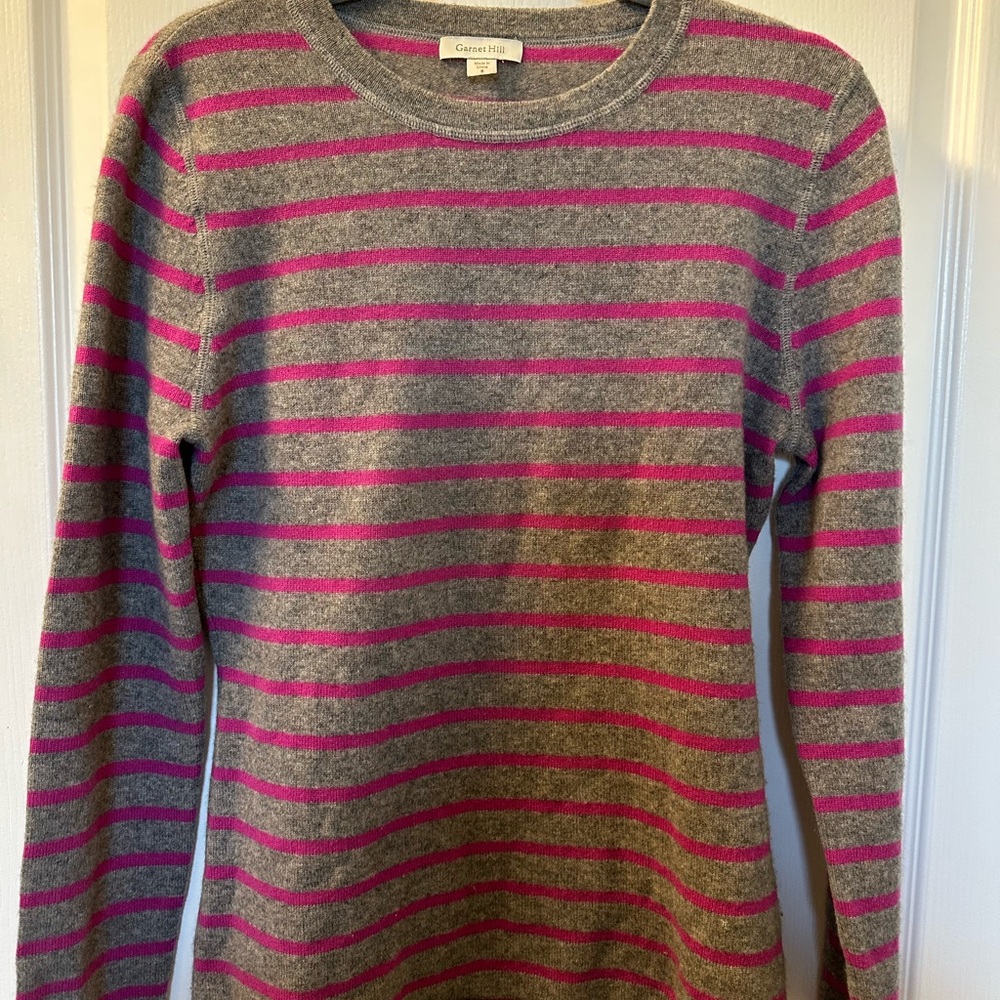 Garnet Hill 100% Cashmere Gray and Pink Striped Sweater